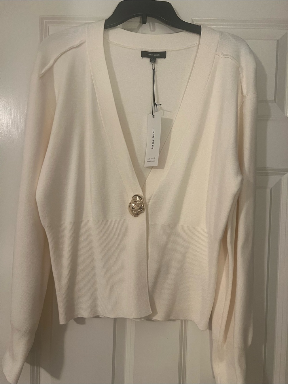 Love Tree Cream V-Neck Cardigan with Gold Decorative Button New